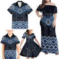 New Zealand Aotearoa Family Matching Off Shoulder Maxi Dress and Hawaiian Shirt Blue Taniko Art Maori Pattern LT05 - Polynesian Pride