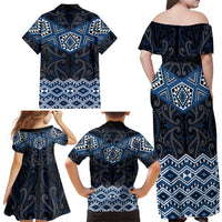 New Zealand Aotearoa Family Matching Off Shoulder Maxi Dress and Hawaiian Shirt Blue Taniko Art Maori Pattern LT05 - Polynesian Pride