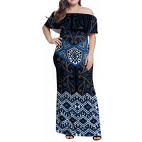 New Zealand Aotearoa Family Matching Off Shoulder Maxi Dress and Hawaiian Shirt Blue Taniko Art Maori Pattern LT05 Mom's Dress Blue - Polynesian Pride