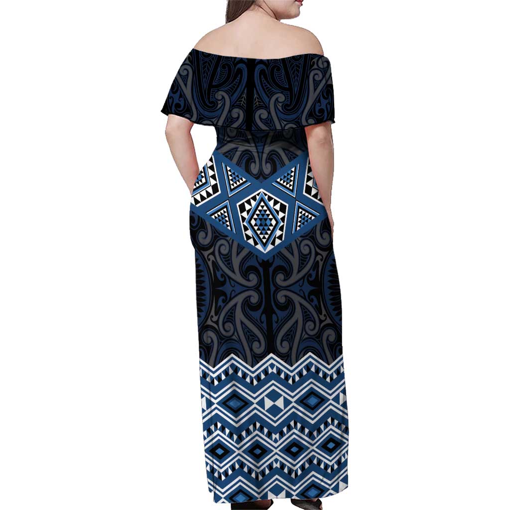 New Zealand Aotearoa Family Matching Off Shoulder Maxi Dress and Hawaiian Shirt Blue Taniko Art Maori Pattern LT05 - Polynesian Pride