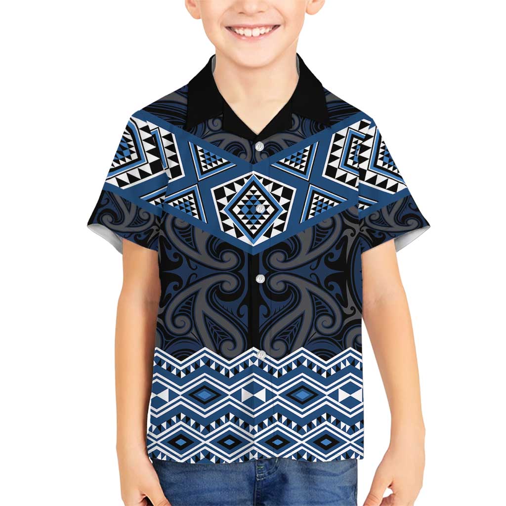 New Zealand Aotearoa Family Matching Off Shoulder Maxi Dress and Hawaiian Shirt Blue Taniko Art Maori Pattern LT05 Son's Shirt Blue - Polynesian Pride