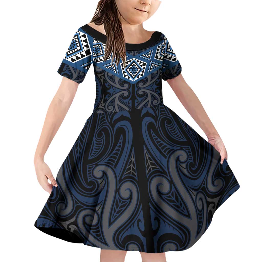 New Zealand Aotearoa Family Matching Off Shoulder Short Dress and Hawaiian Shirt Blue Taniko Art Maori Pattern LT05 Daughter's Dress Blue - Polynesian Pride