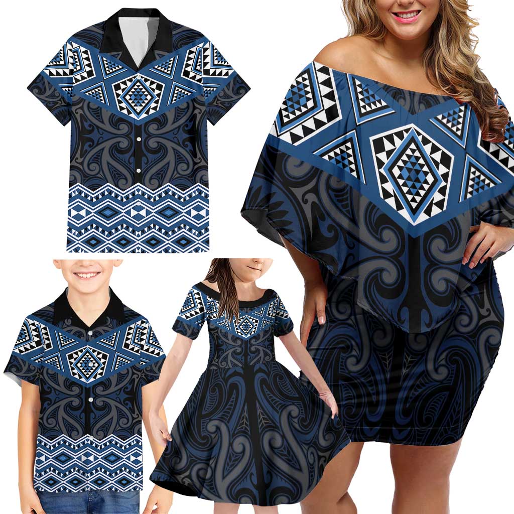 New Zealand Aotearoa Family Matching Off Shoulder Short Dress and Hawaiian Shirt Blue Taniko Art Maori Pattern LT05 - Polynesian Pride