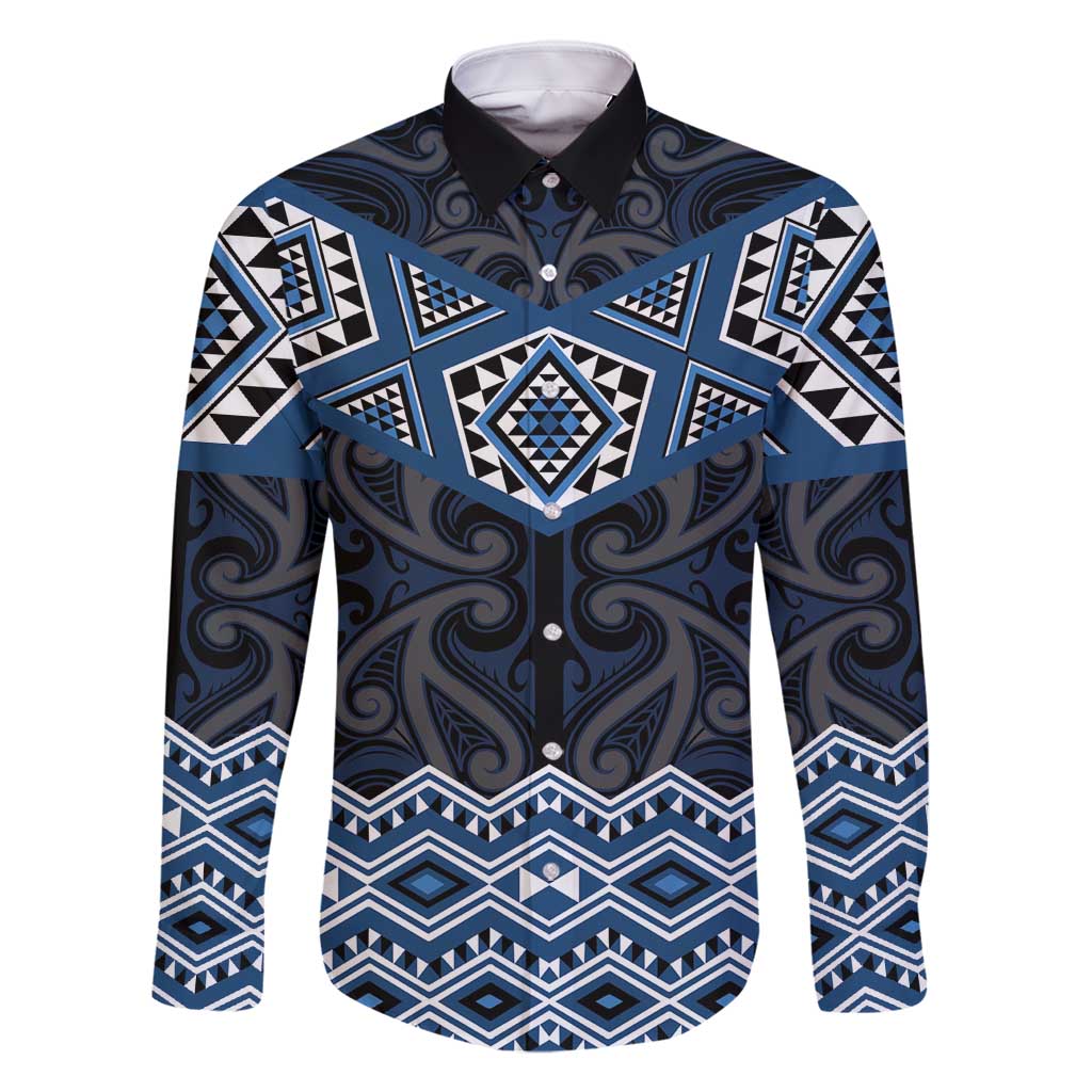 New Zealand Aotearoa Family Matching Off Shoulder Short Dress and Hawaiian Shirt Blue Taniko Art Maori Pattern LT05 Dad's Shirt - Long Sleeve Blue - Polynesian Pride