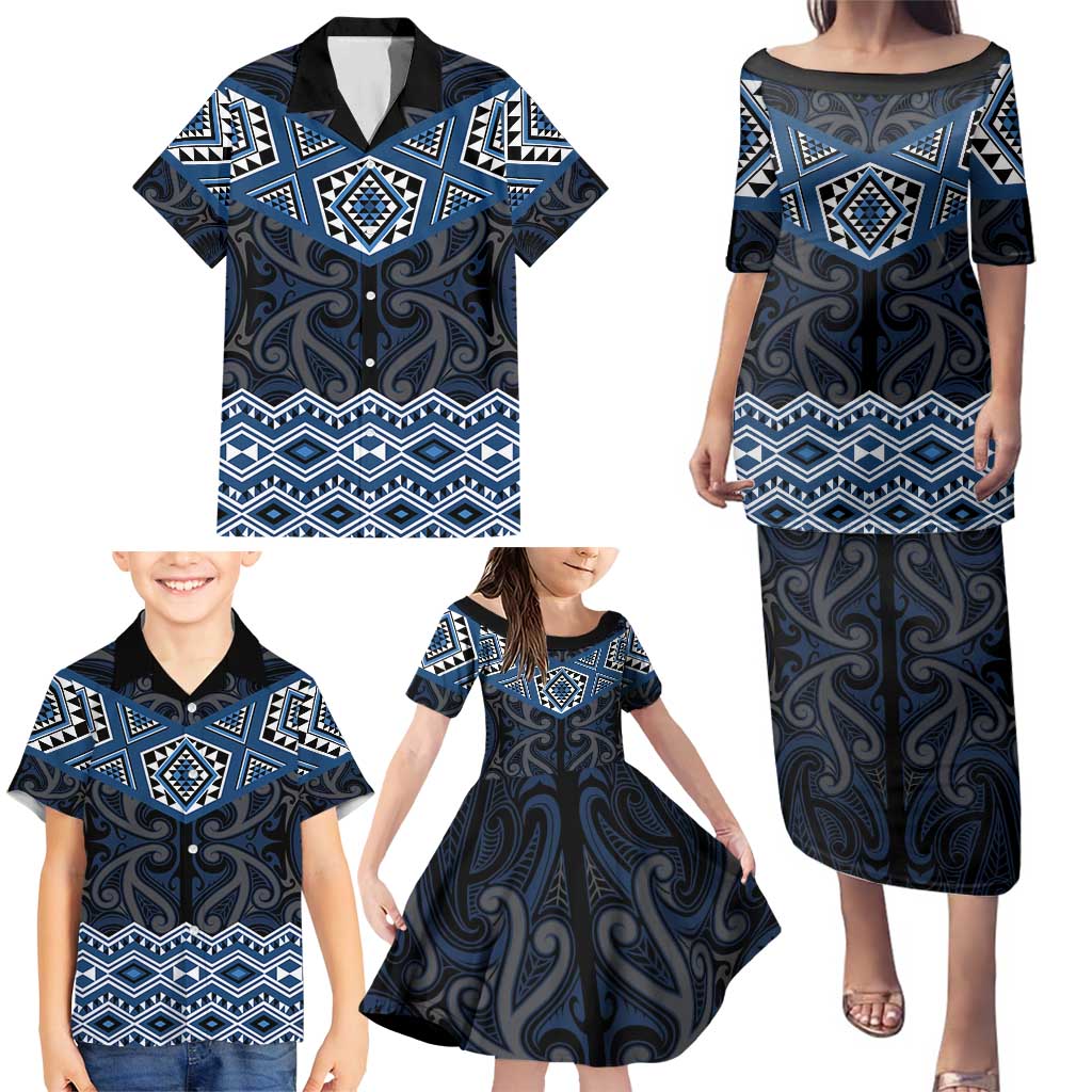 New Zealand Aotearoa Family Matching Puletasi and Hawaiian Shirt Blue Taniko Art Maori Pattern LT05 - Polynesian Pride