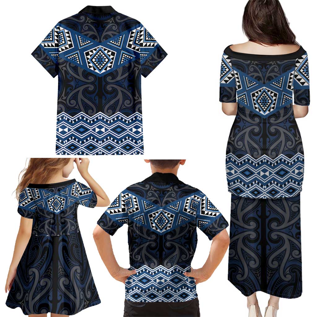 New Zealand Aotearoa Family Matching Puletasi and Hawaiian Shirt Blue Taniko Art Maori Pattern LT05 - Polynesian Pride