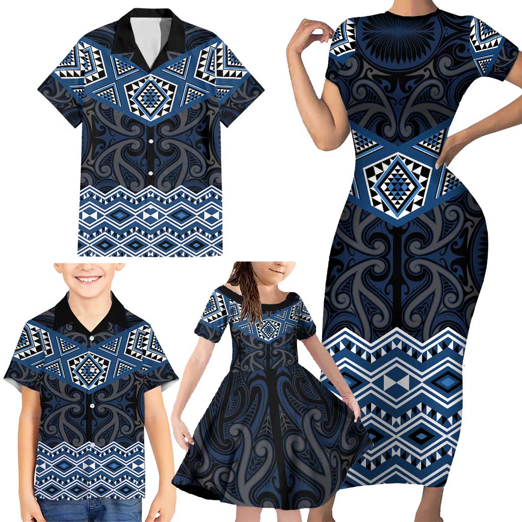 New Zealand Aotearoa Family Matching Short Sleeve Bodycon Dress and Hawaiian Shirt Blue Taniko Art Maori Pattern LT05 - Polynesian Pride