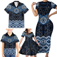New Zealand Aotearoa Family Matching Short Sleeve Bodycon Dress and Hawaiian Shirt Blue Taniko Art Maori Pattern LT05 - Polynesian Pride