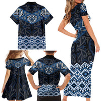 New Zealand Aotearoa Family Matching Short Sleeve Bodycon Dress and Hawaiian Shirt Blue Taniko Art Maori Pattern LT05 - Polynesian Pride