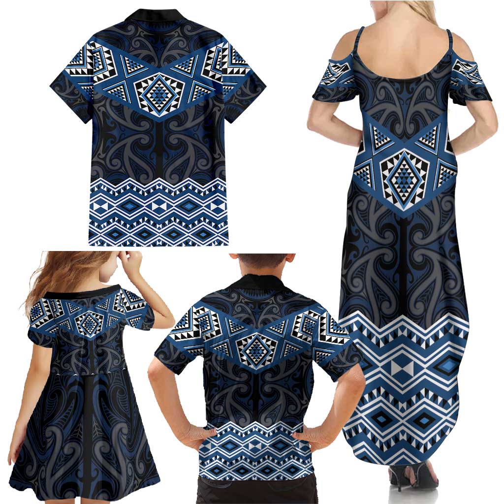 New Zealand Aotearoa Family Matching Summer Maxi Dress and Hawaiian Shirt Blue Taniko Art Maori Pattern LT05 - Polynesian Pride