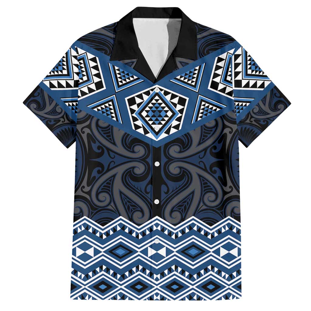 New Zealand Aotearoa Family Matching Summer Maxi Dress and Hawaiian Shirt Blue Taniko Art Maori Pattern LT05 Dad's Shirt - Short Sleeve Blue - Polynesian Pride