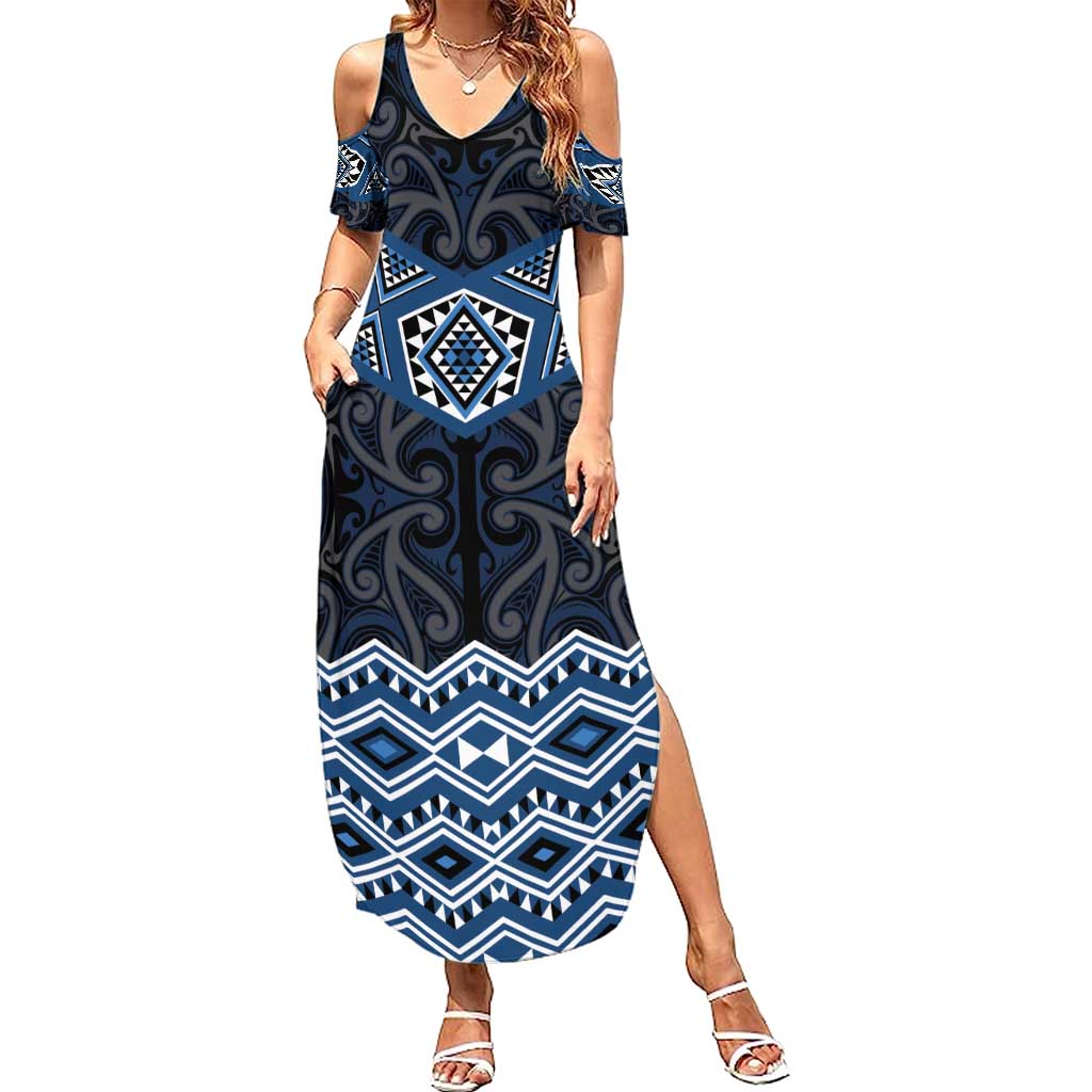 New Zealand Aotearoa Family Matching Summer Maxi Dress and Hawaiian Shirt Blue Taniko Art Maori Pattern LT05 Mom's Dress Blue - Polynesian Pride