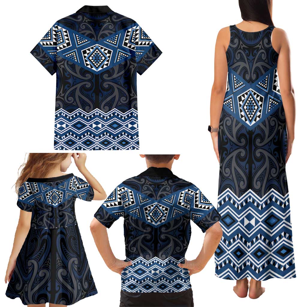New Zealand Aotearoa Family Matching Tank Maxi Dress and Hawaiian Shirt Blue Taniko Art Maori Pattern LT05 - Polynesian Pride