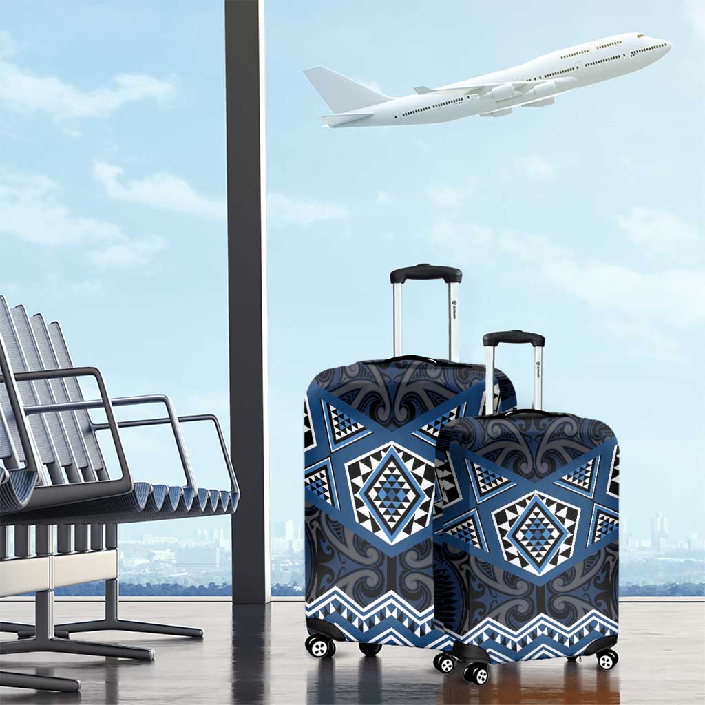 New Zealand Aotearoa Luggage Cover Blue Taniko Art Maori Pattern