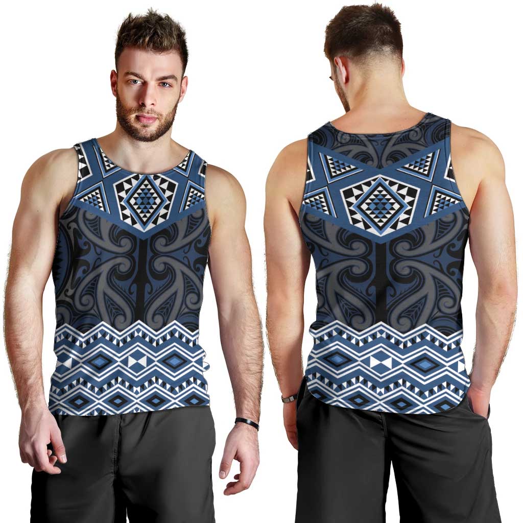 New Zealand Aotearoa Men Tank Top Blue Taniko Art Maori Pattern