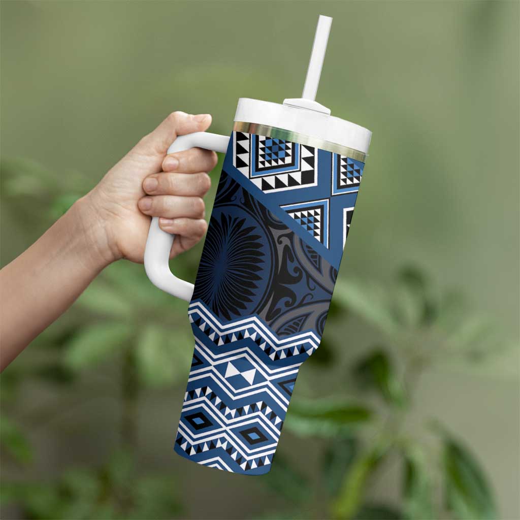 New Zealand Aotearoa Tumbler With Handle Blue Taniko Art Maori Pattern