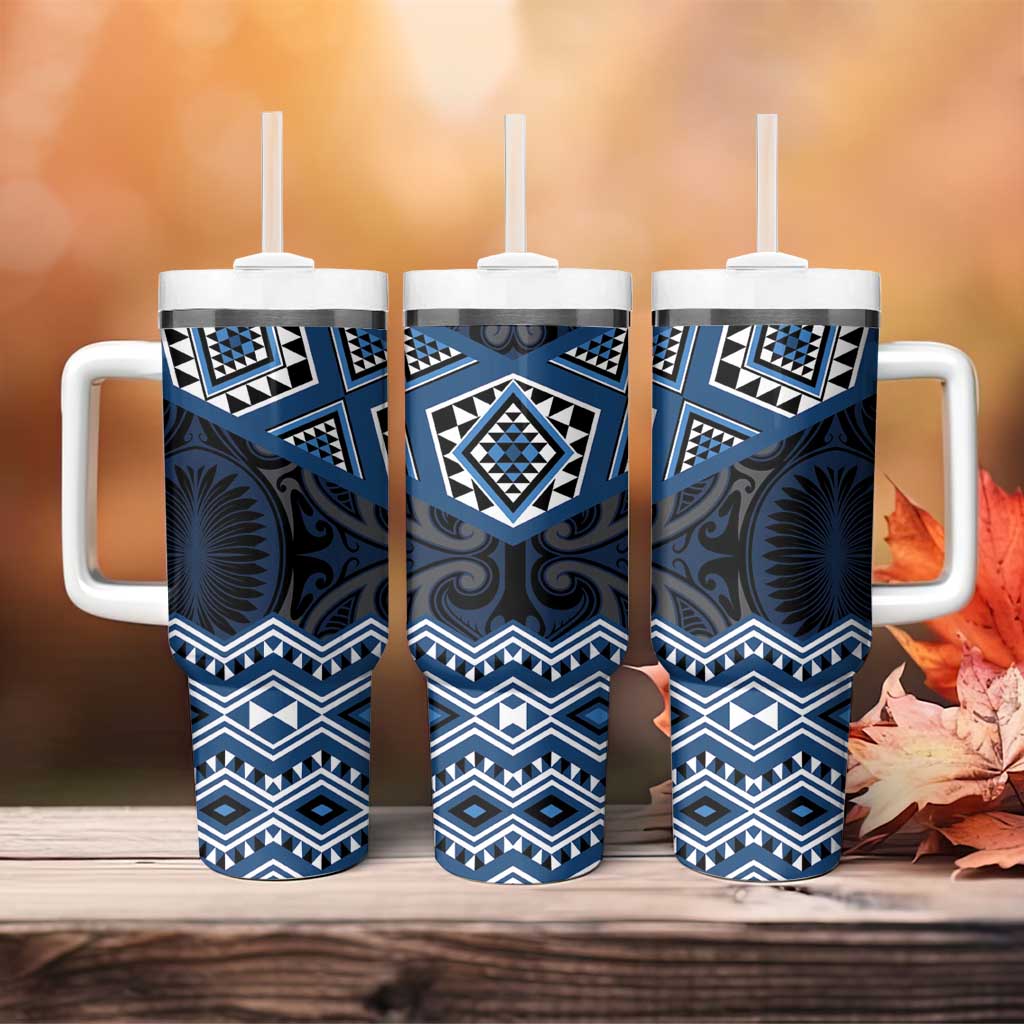 New Zealand Aotearoa Tumbler With Handle Blue Taniko Art Maori Pattern