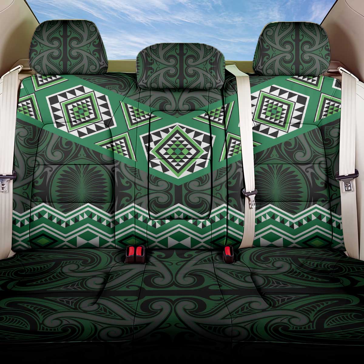 New Zealand Aotearoa Back Car Seat Cover Green Taniko Art Maori Pattern LT05 One Size Green - Polynesian Pride