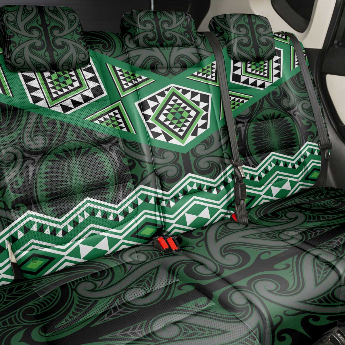 New Zealand Aotearoa Back Car Seat Cover Green Taniko Art Maori Pattern LT05 - Polynesian Pride