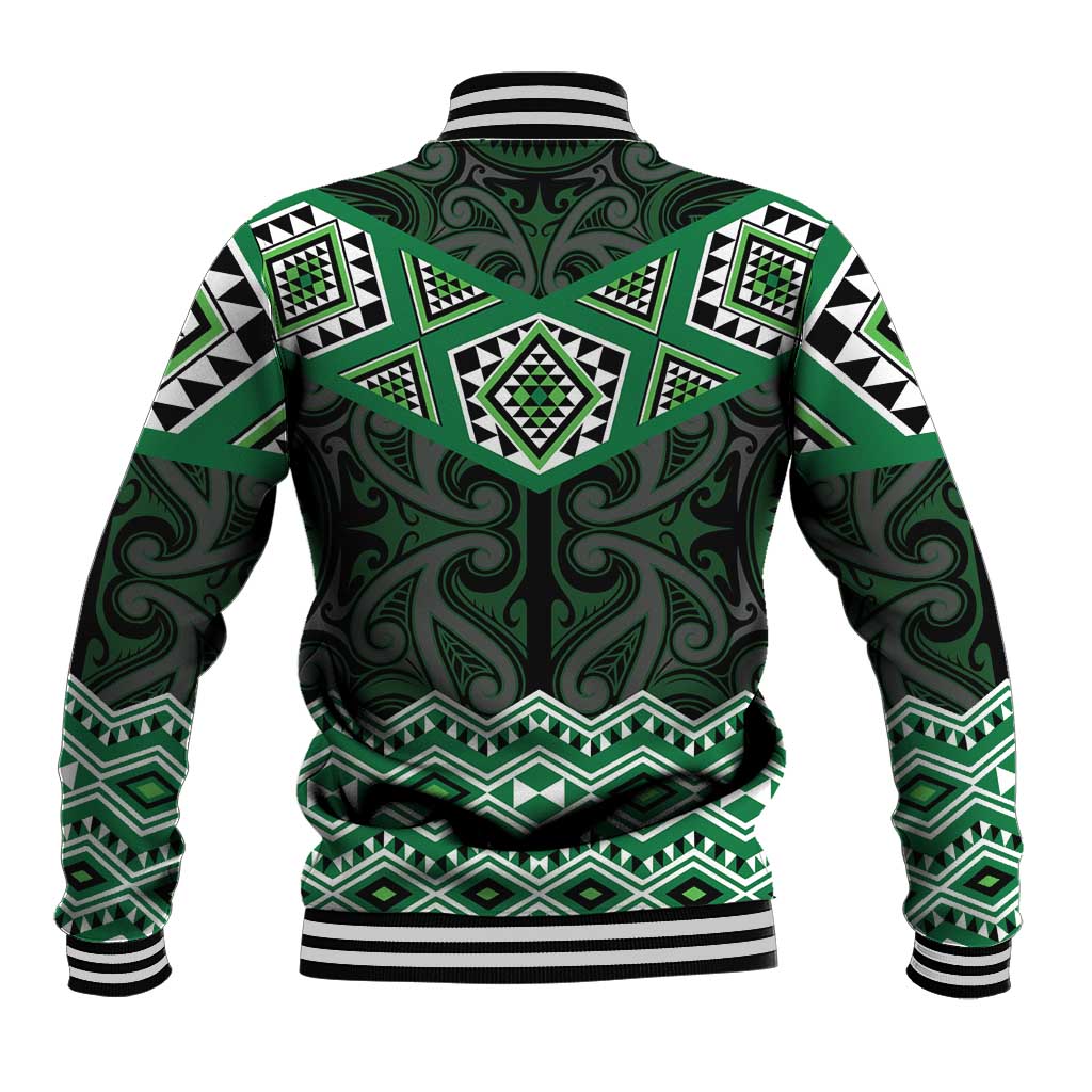 New Zealand Aotearoa Baseball Jacket Green Taniko Art Maori Pattern