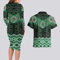 New Zealand Aotearoa Couples Matching Long Sleeve Bodycon Dress and Hawaiian Shirt Green Taniko Art Maori Pattern LT05 - Polynesian Pride