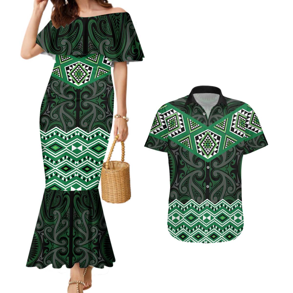 New Zealand Aotearoa Couples Matching Mermaid Dress and Hawaiian Shirt Green Taniko Art Maori Pattern LT05 Green - Polynesian Pride