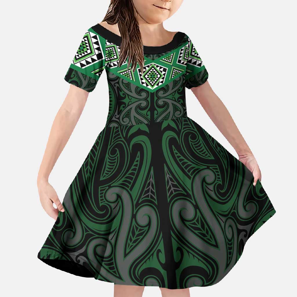 New Zealand Aotearoa Family Matching Long Sleeve Bodycon Dress and Hawaiian Shirt Green Taniko Art Maori Pattern LT05 Daughter's Dress Green - Polynesian Pride