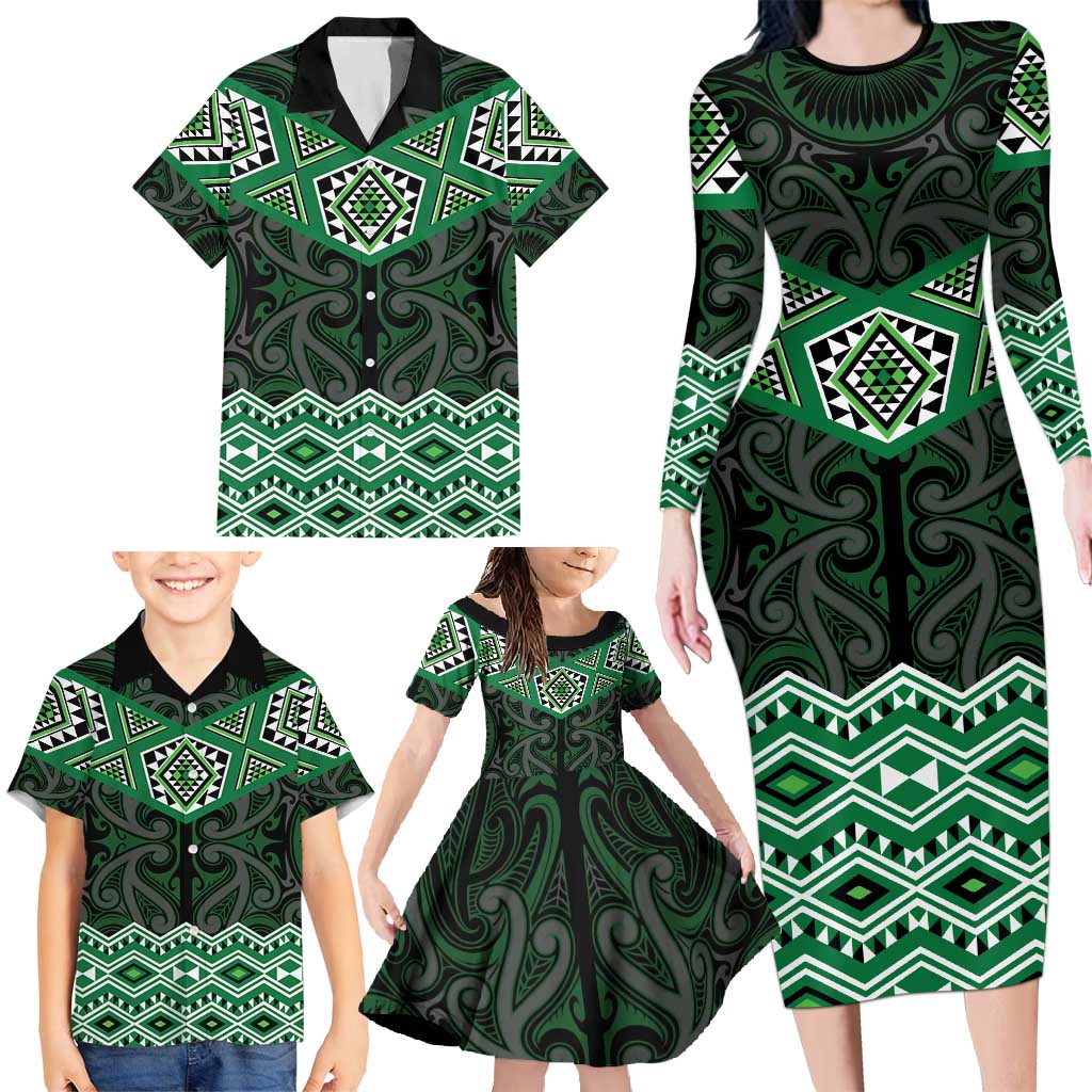 New Zealand Aotearoa Family Matching Long Sleeve Bodycon Dress and Hawaiian Shirt Green Taniko Art Maori Pattern LT05 - Polynesian Pride
