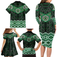 New Zealand Aotearoa Family Matching Long Sleeve Bodycon Dress and Hawaiian Shirt Green Taniko Art Maori Pattern LT05 - Polynesian Pride