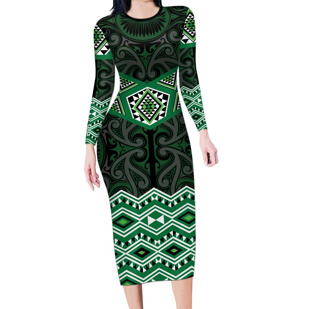 New Zealand Aotearoa Family Matching Long Sleeve Bodycon Dress and Hawaiian Shirt Green Taniko Art Maori Pattern LT05 Mom's Dress Green - Polynesian Pride