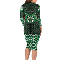New Zealand Aotearoa Family Matching Long Sleeve Bodycon Dress and Hawaiian Shirt Green Taniko Art Maori Pattern LT05 - Polynesian Pride