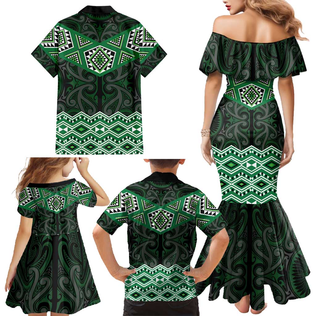 New Zealand Aotearoa Family Matching Mermaid Dress and Hawaiian Shirt Green Taniko Art Maori Pattern LT05 - Polynesian Pride