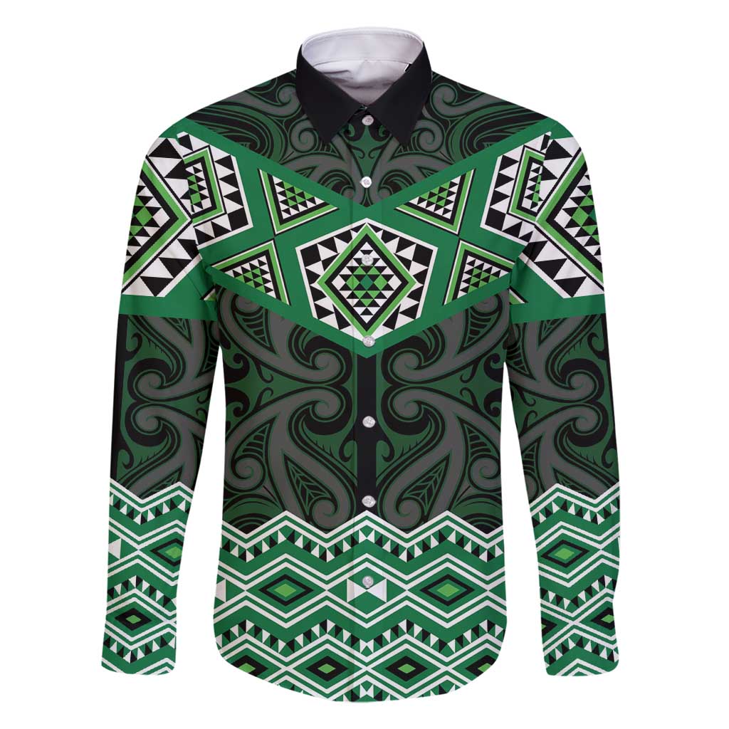 New Zealand Aotearoa Family Matching Mermaid Dress and Hawaiian Shirt Green Taniko Art Maori Pattern LT05 Dad's Shirt - Long Sleeve Green - Polynesian Pride