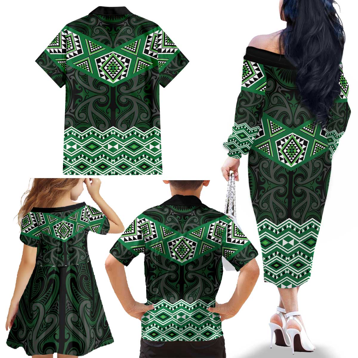 New Zealand Aotearoa Family Matching Off The Shoulder Long Sleeve Dress and Hawaiian Shirt Green Taniko Art Maori Pattern LT05 - Polynesian Pride
