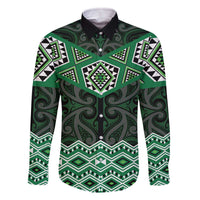 New Zealand Aotearoa Family Matching Off The Shoulder Long Sleeve Dress and Hawaiian Shirt Green Taniko Art Maori Pattern LT05 Dad's Shirt - Long Sleeve Green - Polynesian Pride