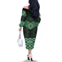 New Zealand Aotearoa Family Matching Off The Shoulder Long Sleeve Dress and Hawaiian Shirt Green Taniko Art Maori Pattern LT05 - Polynesian Pride