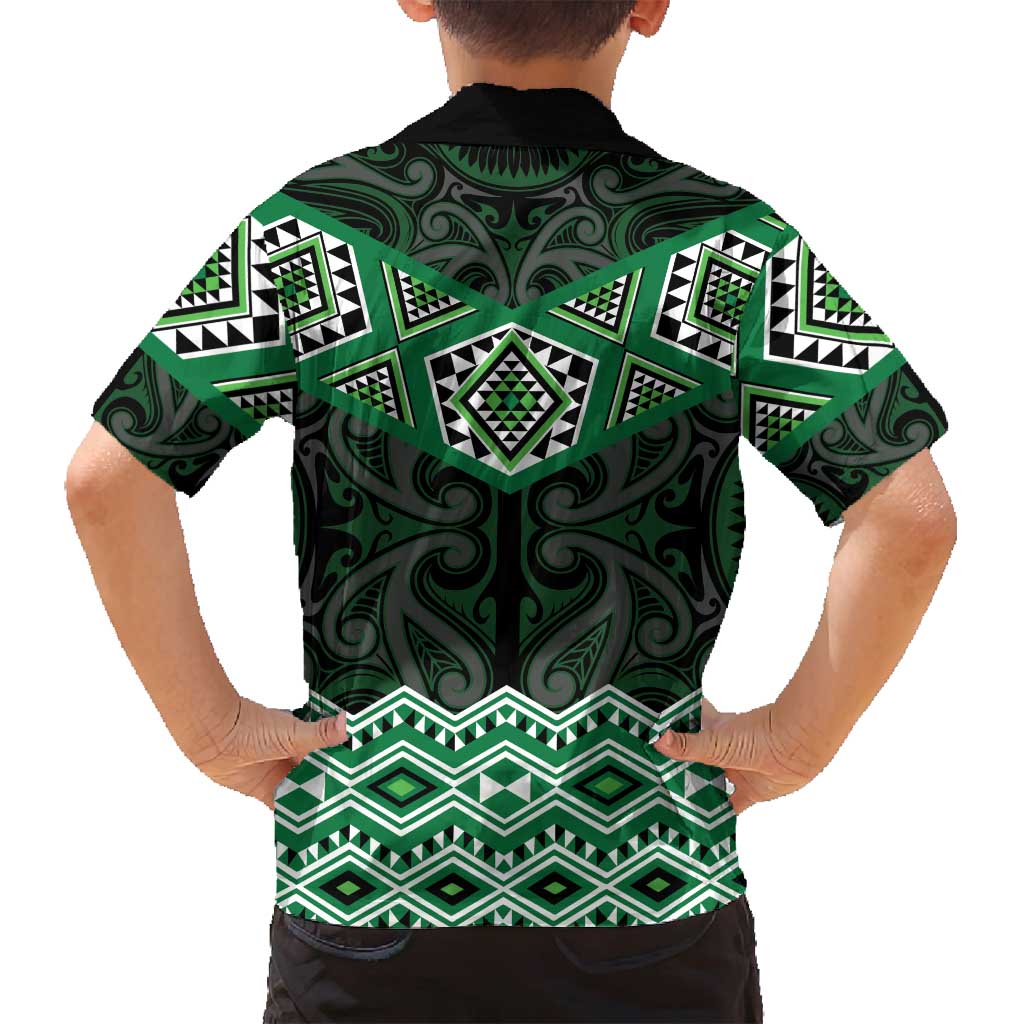 New Zealand Aotearoa Family Matching Off Shoulder Maxi Dress and Hawaiian Shirt Green Taniko Art Maori Pattern LT05 - Polynesian Pride