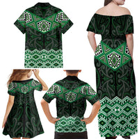 New Zealand Aotearoa Family Matching Off Shoulder Maxi Dress and Hawaiian Shirt Green Taniko Art Maori Pattern LT05 - Polynesian Pride