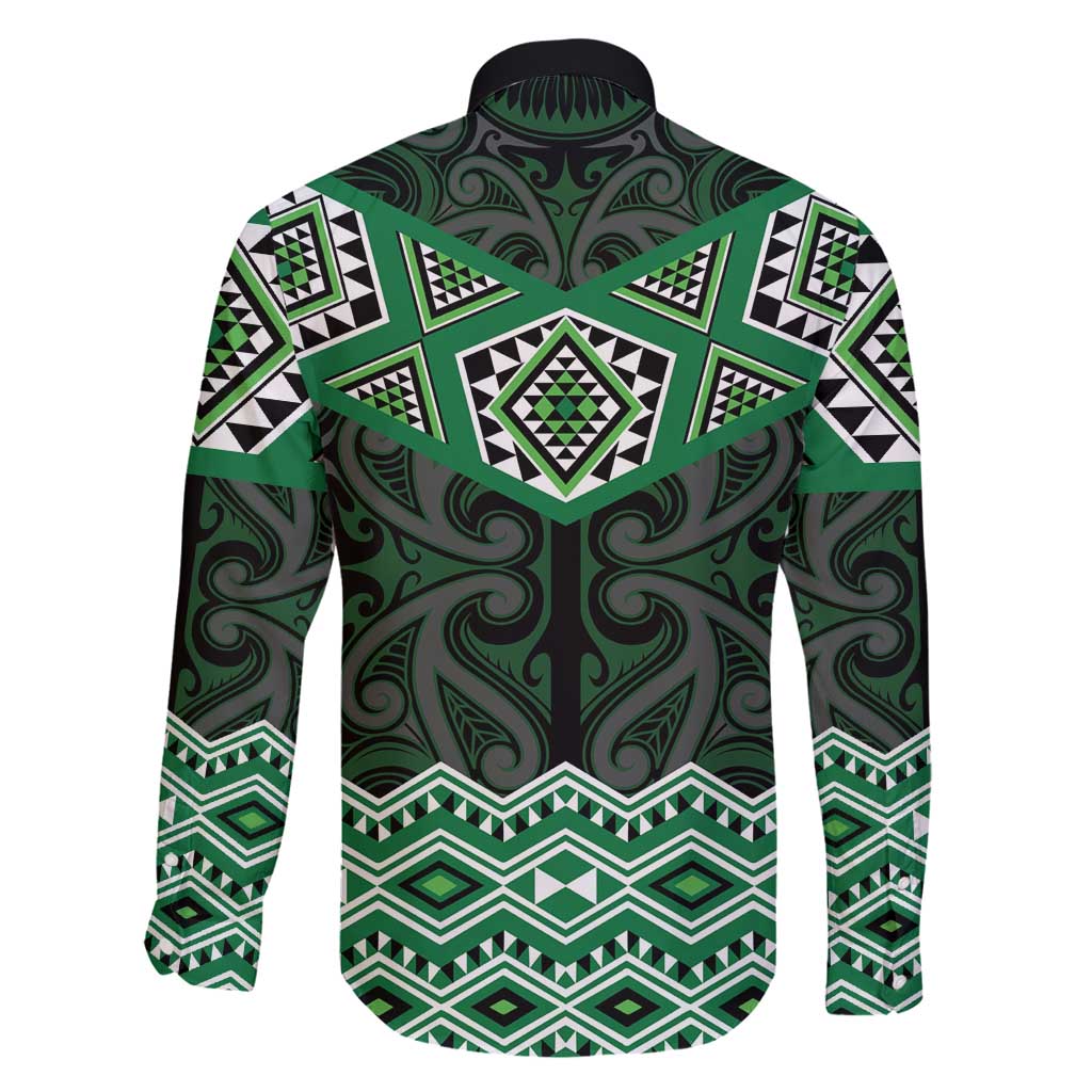 New Zealand Aotearoa Family Matching Off Shoulder Maxi Dress and Hawaiian Shirt Green Taniko Art Maori Pattern LT05 - Polynesian Pride