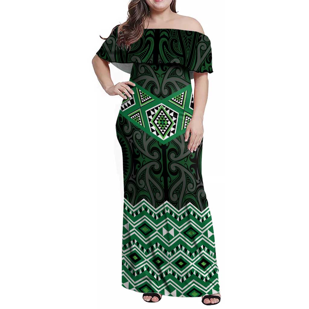 New Zealand Aotearoa Family Matching Off Shoulder Maxi Dress and Hawaiian Shirt Green Taniko Art Maori Pattern LT05 Mom's Dress Green - Polynesian Pride
