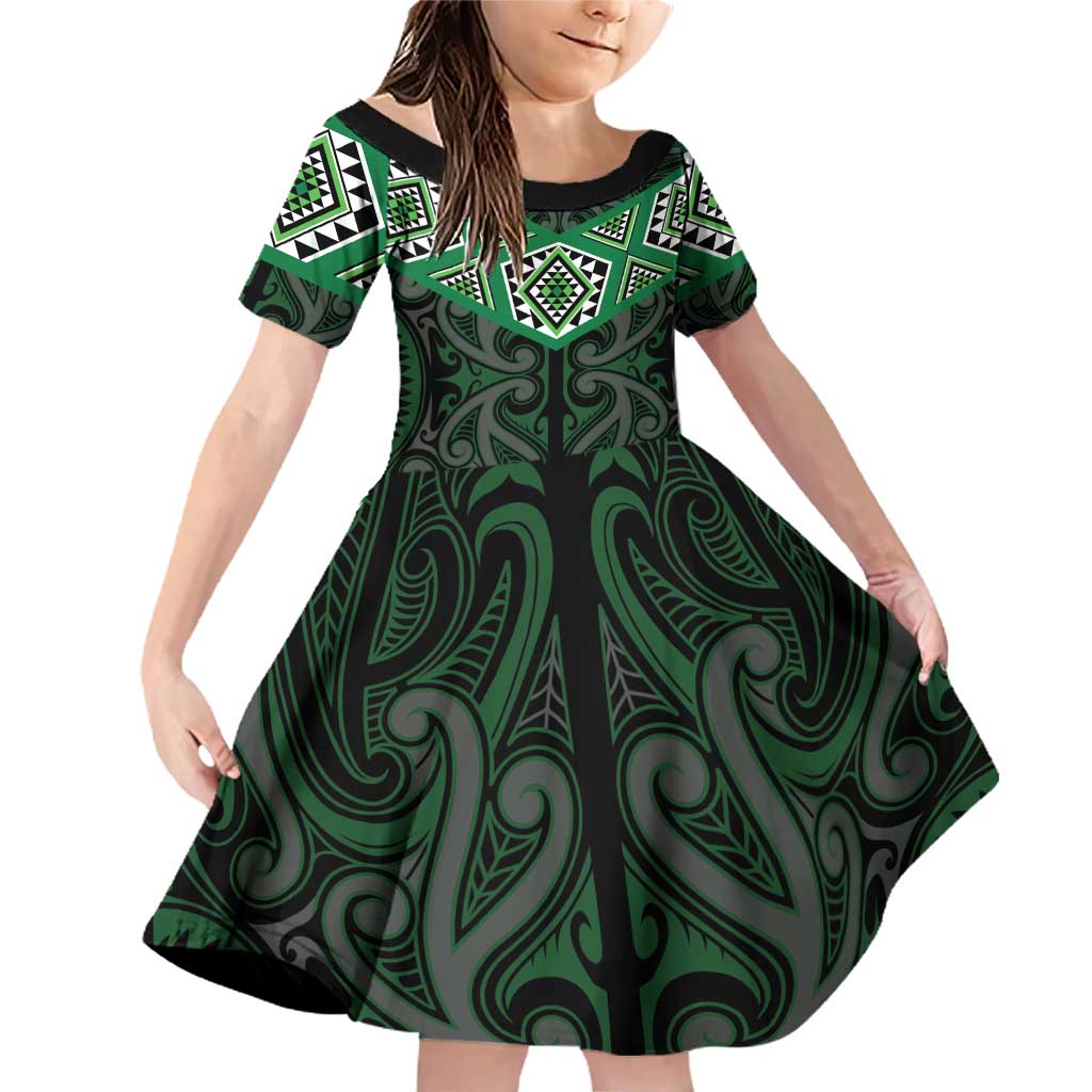New Zealand Aotearoa Family Matching Off Shoulder Short Dress and Hawaiian Shirt Green Taniko Art Maori Pattern LT05 Daughter's Dress Green - Polynesian Pride