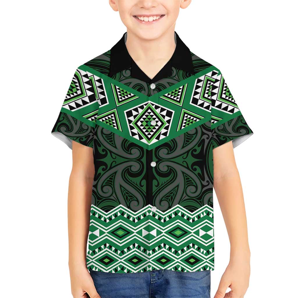 New Zealand Aotearoa Family Matching Off Shoulder Short Dress and Hawaiian Shirt Green Taniko Art Maori Pattern LT05 Son's Shirt Green - Polynesian Pride