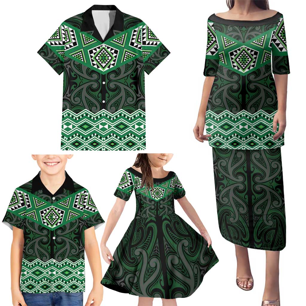 New Zealand Aotearoa Family Matching Puletasi and Hawaiian Shirt Green Taniko Art Maori Pattern LT05 - Polynesian Pride