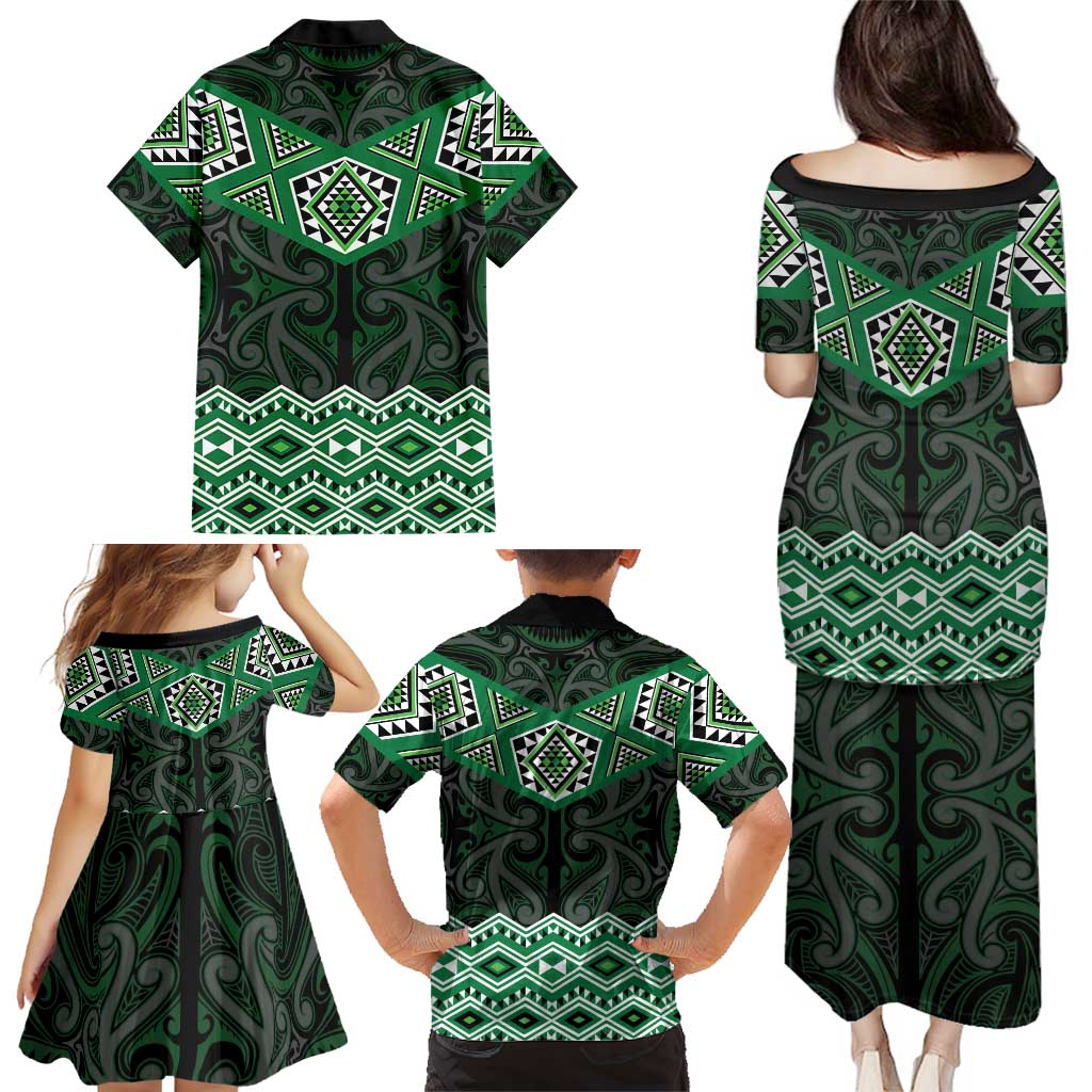 New Zealand Aotearoa Family Matching Puletasi and Hawaiian Shirt Green Taniko Art Maori Pattern LT05 - Polynesian Pride