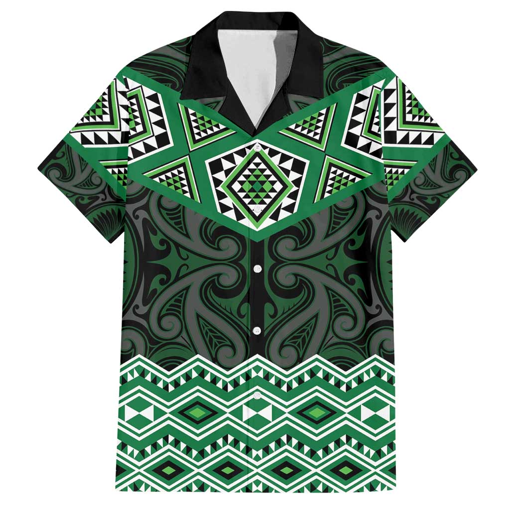 New Zealand Aotearoa Family Matching Puletasi and Hawaiian Shirt Green Taniko Art Maori Pattern LT05 Dad's Shirt - Short Sleeve Green - Polynesian Pride