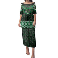 New Zealand Aotearoa Family Matching Puletasi and Hawaiian Shirt Green Taniko Art Maori Pattern LT05 Mom's Dress Green - Polynesian Pride