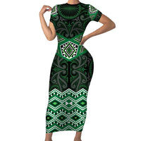 New Zealand Aotearoa Family Matching Short Sleeve Bodycon Dress and Hawaiian Shirt Green Taniko Art Maori Pattern LT05 Mom's Dress Green - Polynesian Pride
