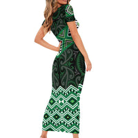 New Zealand Aotearoa Family Matching Short Sleeve Bodycon Dress and Hawaiian Shirt Green Taniko Art Maori Pattern LT05 - Polynesian Pride