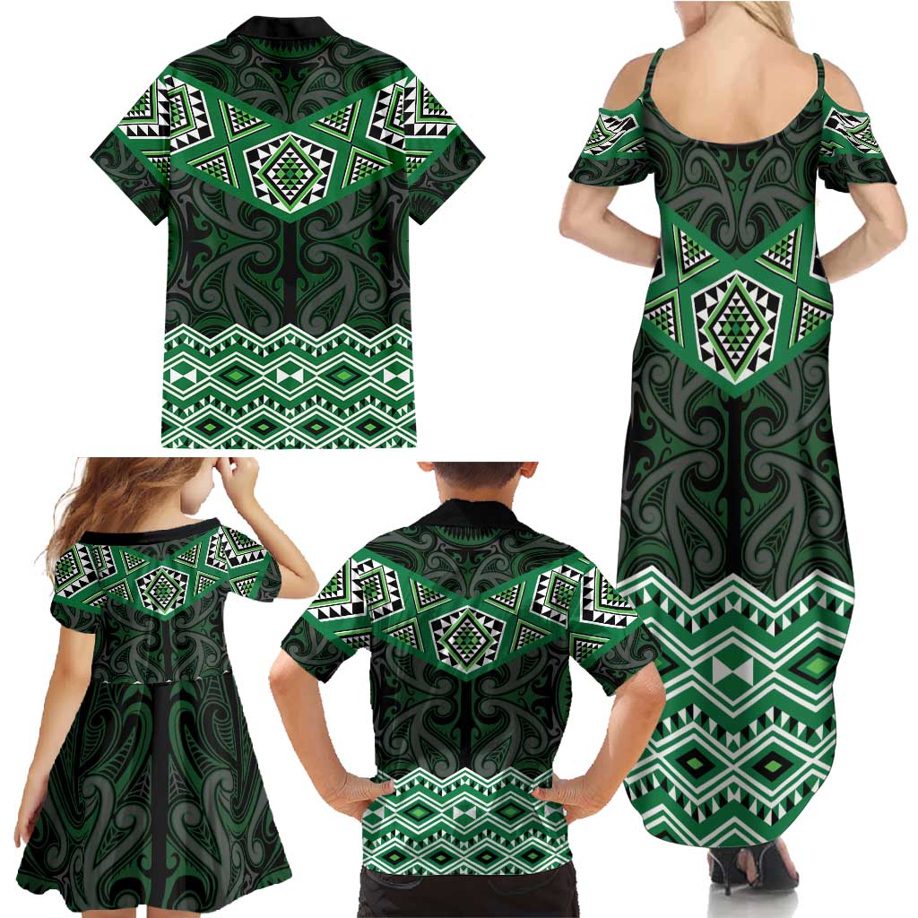New Zealand Aotearoa Family Matching Summer Maxi Dress and Hawaiian Shirt Green Taniko Art Maori Pattern LT05 - Polynesian Pride