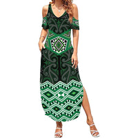 New Zealand Aotearoa Family Matching Summer Maxi Dress and Hawaiian Shirt Green Taniko Art Maori Pattern LT05 Mom's Dress Green - Polynesian Pride